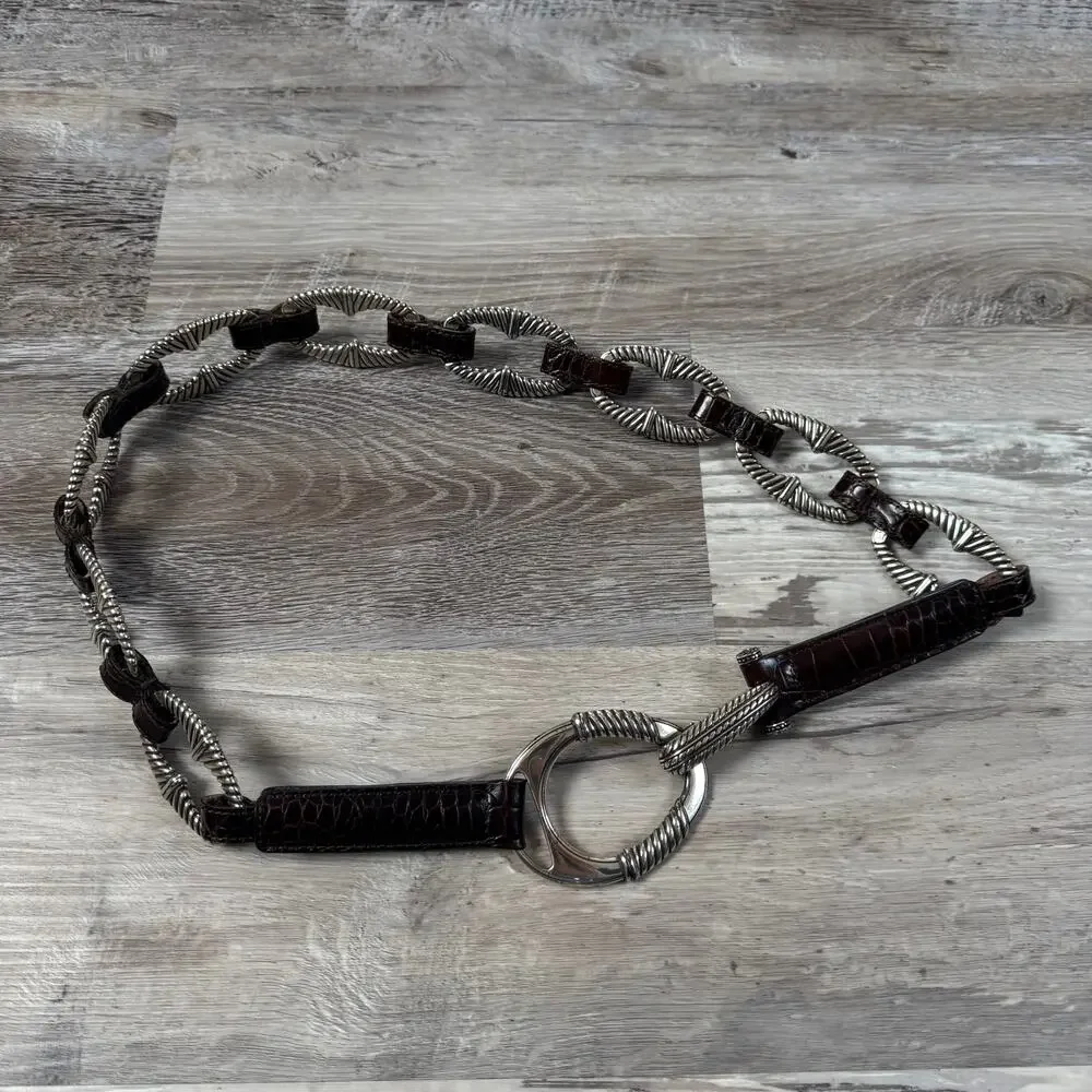 Statement Leather Chain Belt Brown Croc Embossed Silver Hardware Women's Medium